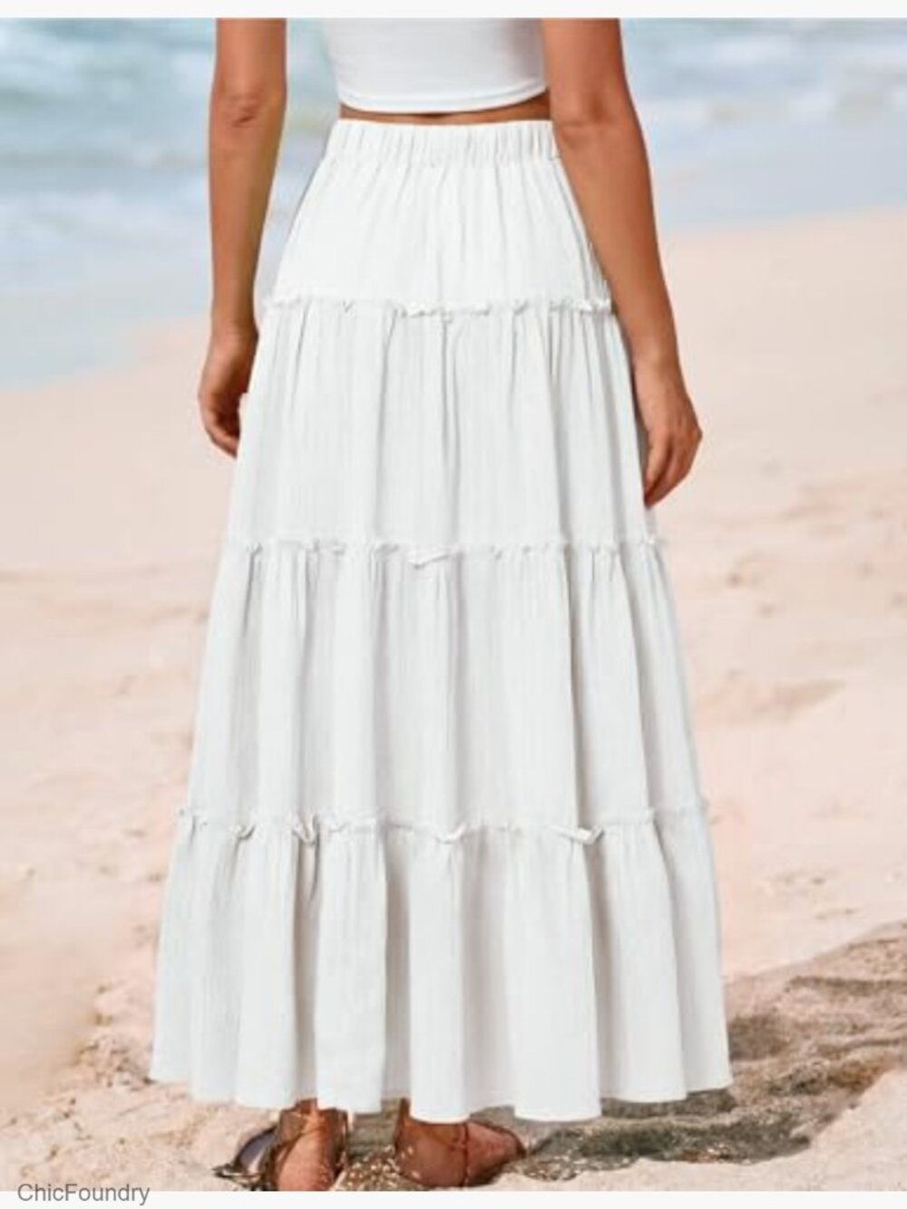 Flowy Ruffle Tiered Elastic High Waisted A Line Maxi Skirt Boho Beach Vacation - Picture 3 of 7